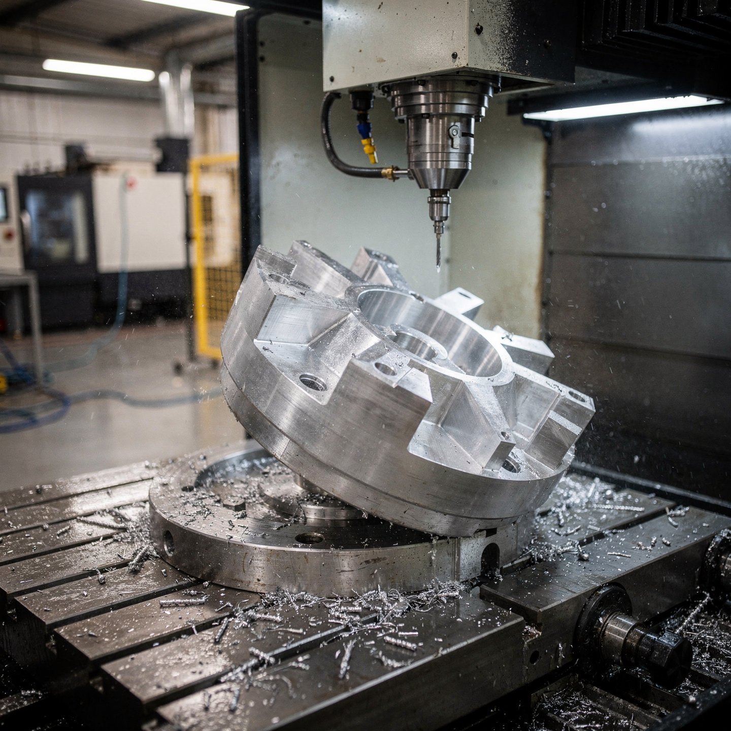 5-axis CNC machining center milling a complex aluminum part on a tilted rotary table