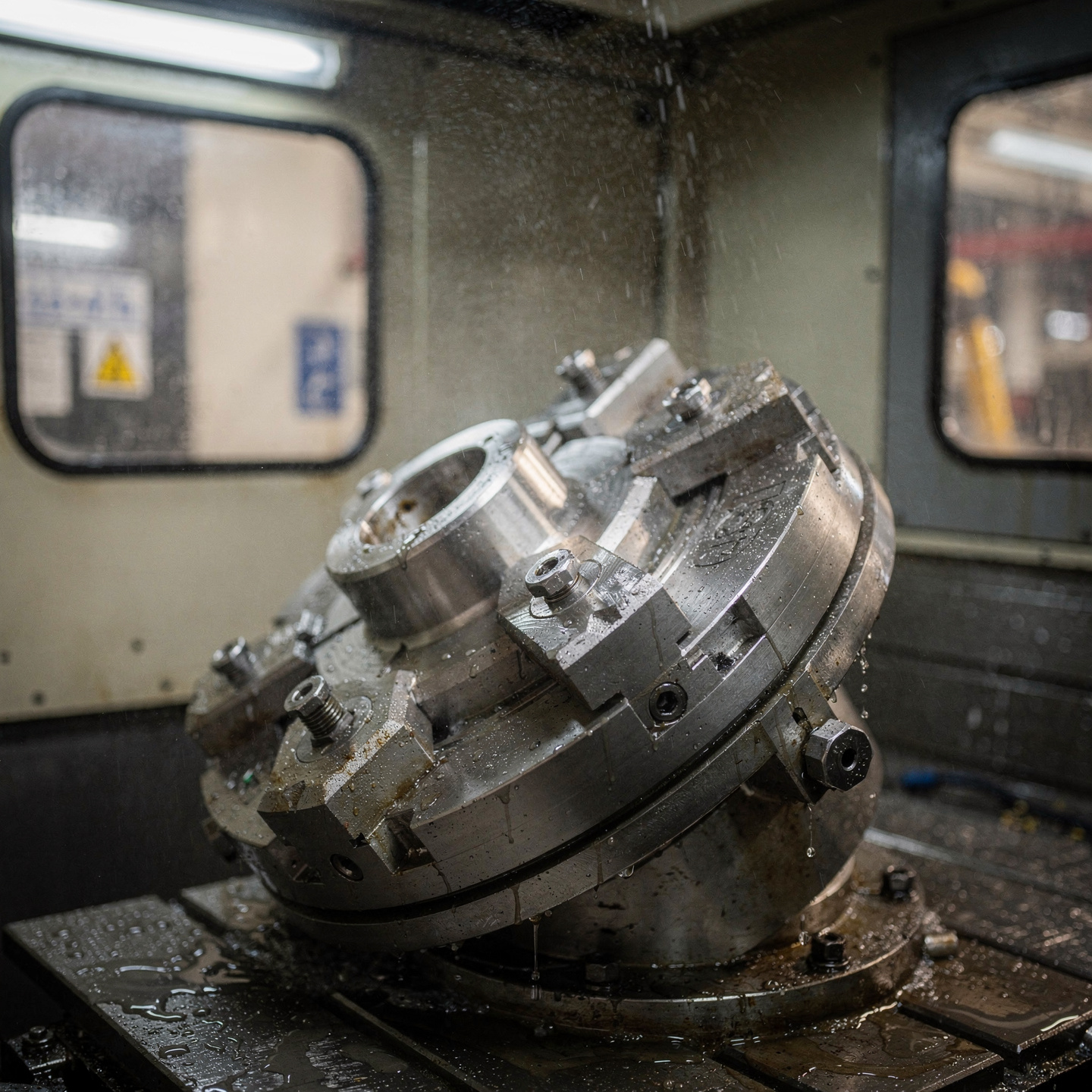 Titanium part clamped at an angle on a 5-axis CNC machine tilted rotary trunnion table