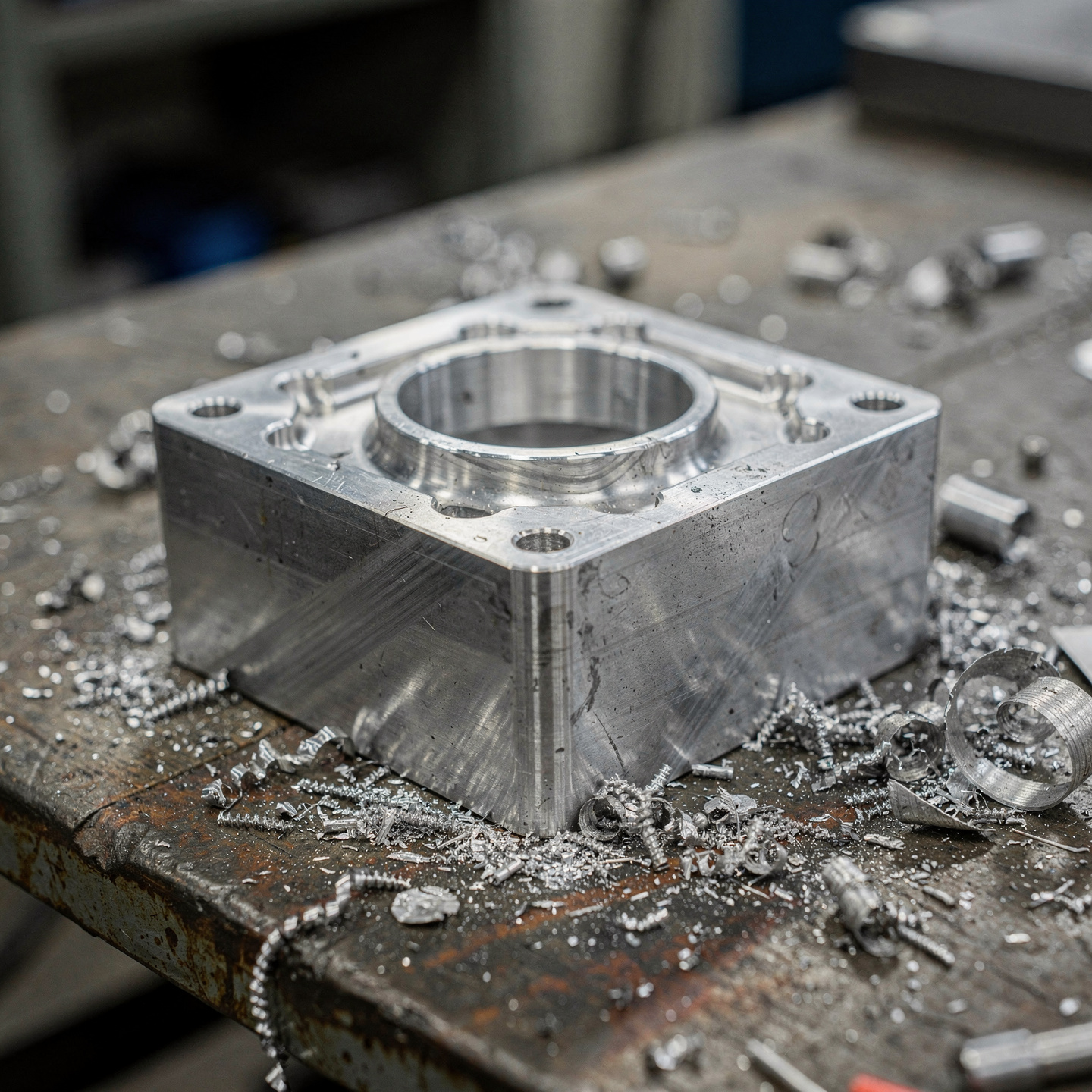 Freshly machined aluminum prototype injection mold insert with metal shavings on a workbench