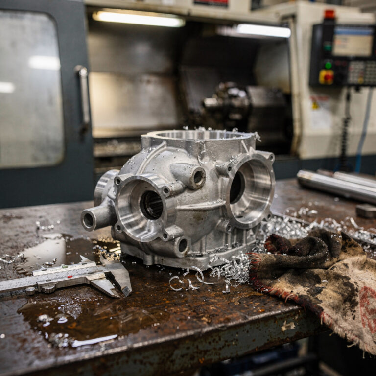 CNC-turned aluminum automotive transmission housing on a workbench beside calipers and machining swarf