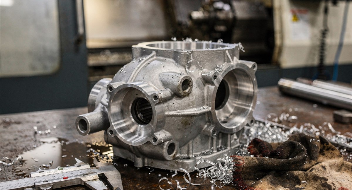 CNC-turned aluminum automotive transmission housing on a workbench beside calipers and machining swarf