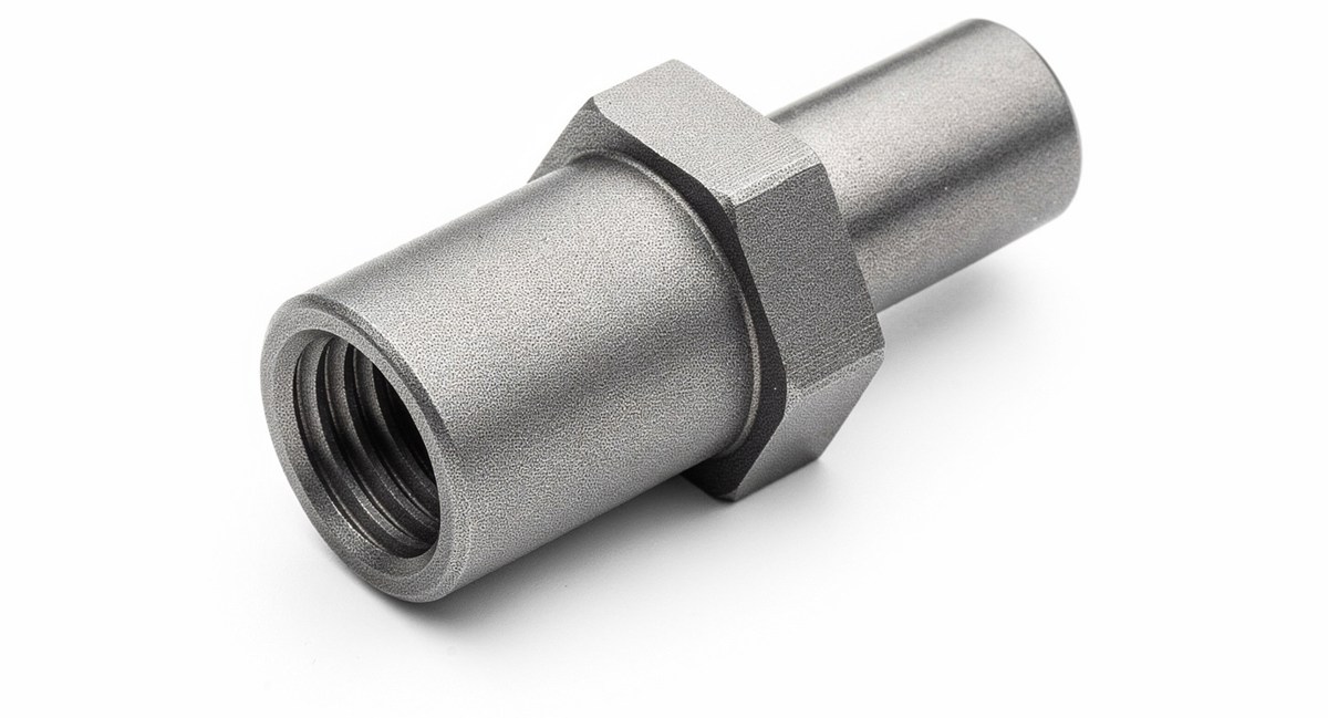 CNC-turned aluminum fitting with a uniform matte bead-blasted surface finish