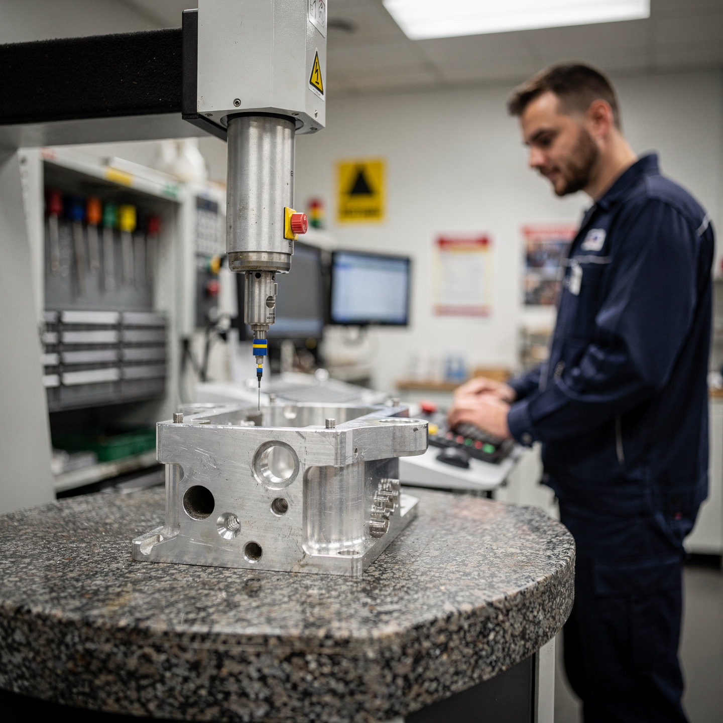 Technician using a coordinate measuring machine to inspect a machined aluminum part