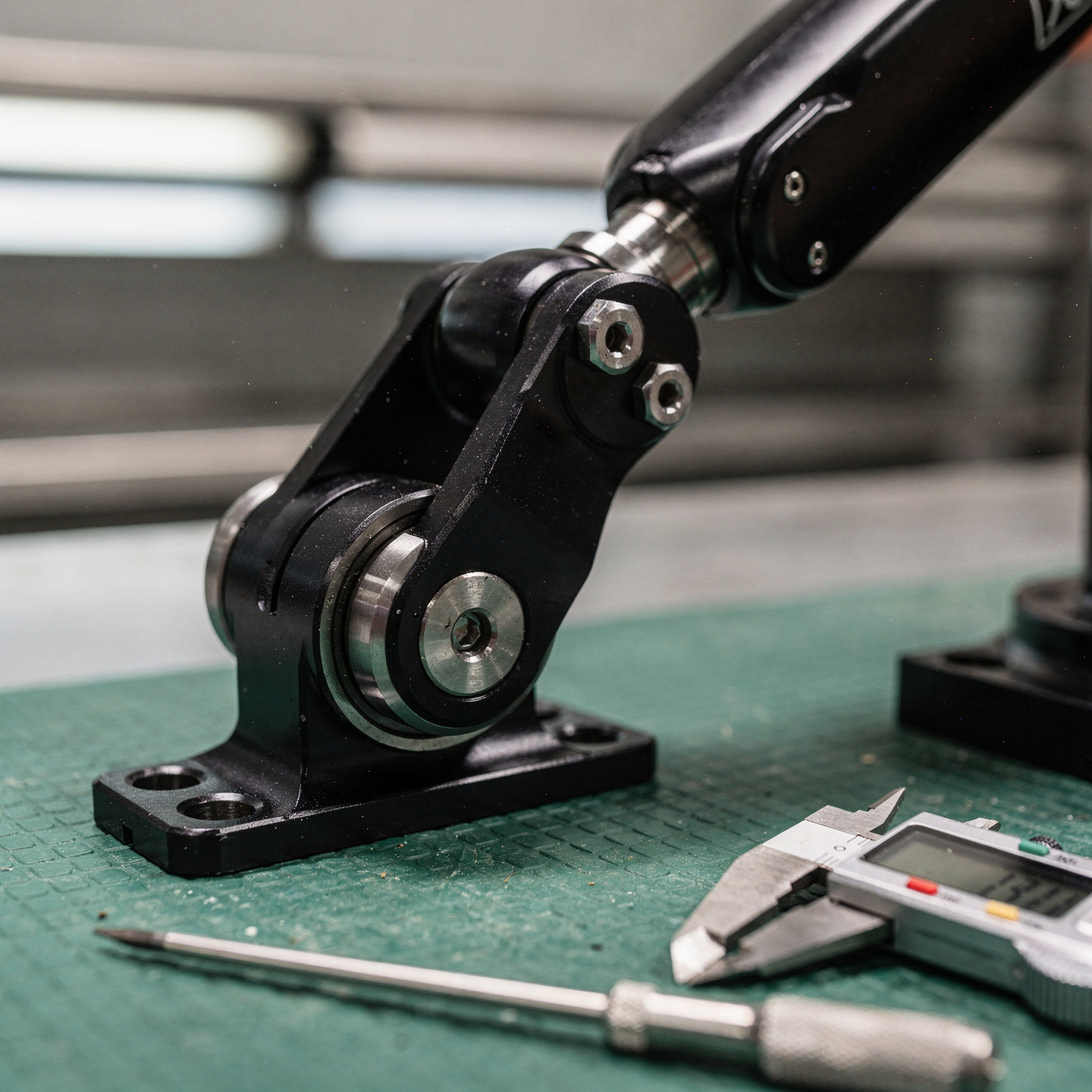 Black anodized aluminum robotic arm joint bracket assembly with precision-machined bearings on a workbench