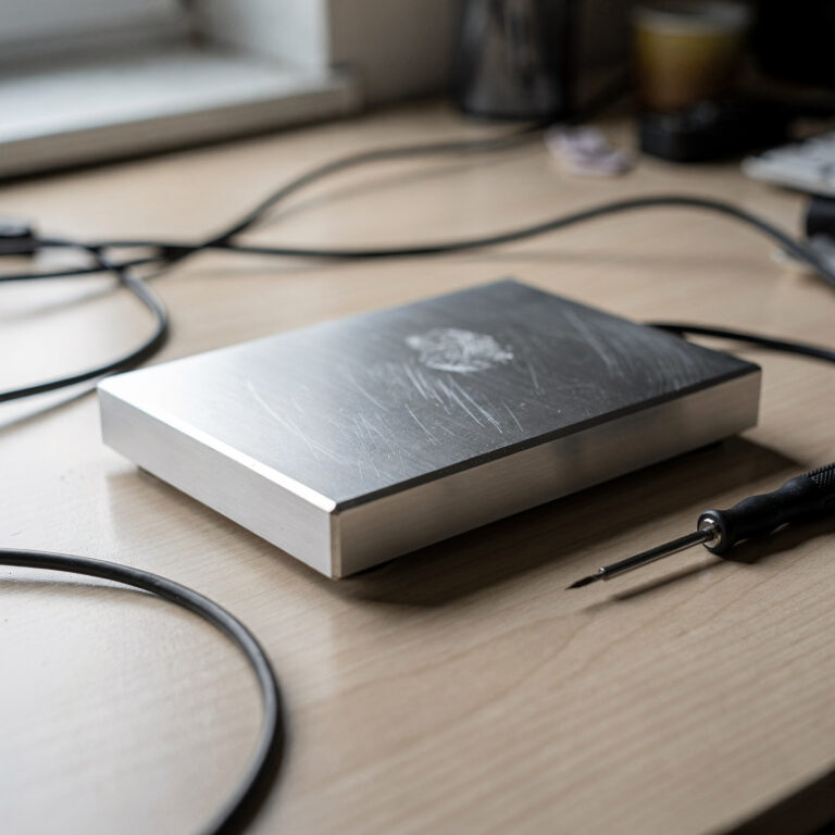 Brushed aluminum consumer electronics enclosure with chamfered edges on a wooden desk