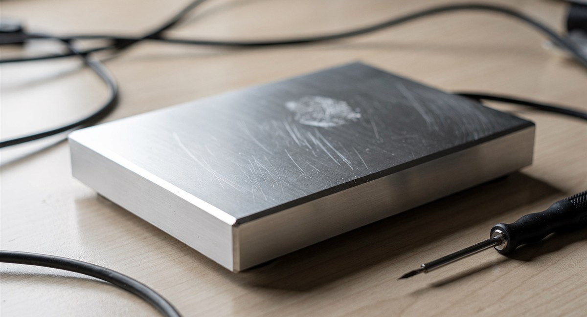 Brushed aluminum consumer electronics enclosure with chamfered edges on a wooden desk