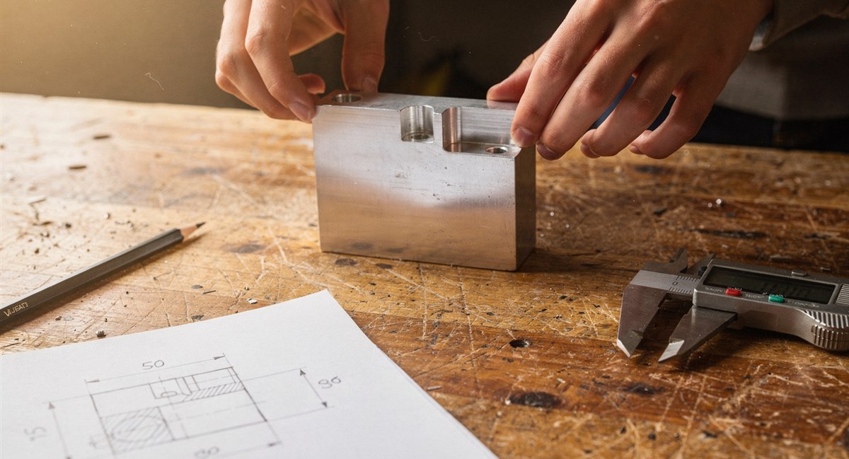 CNC-milled aluminum demonstration part on a workbench beside calipers and a technical drawing
