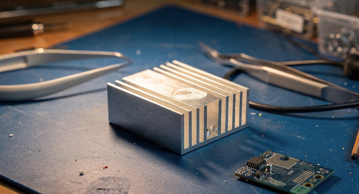 Machined aluminum precision heat-sink enclosure with cooling fins on an ESD mat beside a PCB and tweezers
