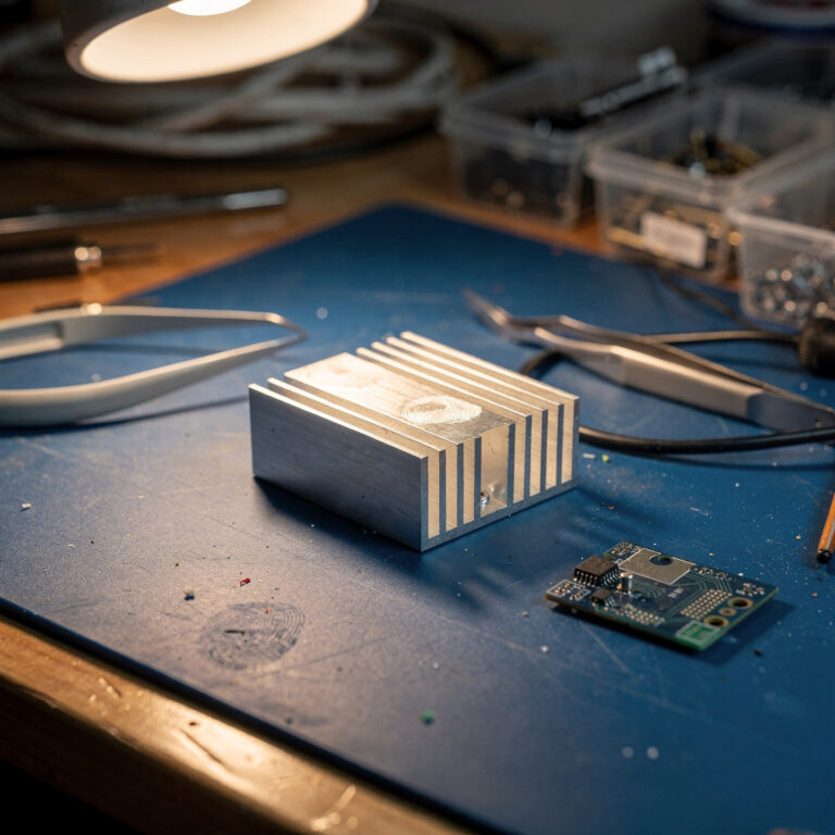 Machined aluminum precision heat-sink enclosure with cooling fins on an ESD mat beside a PCB and tweezers
