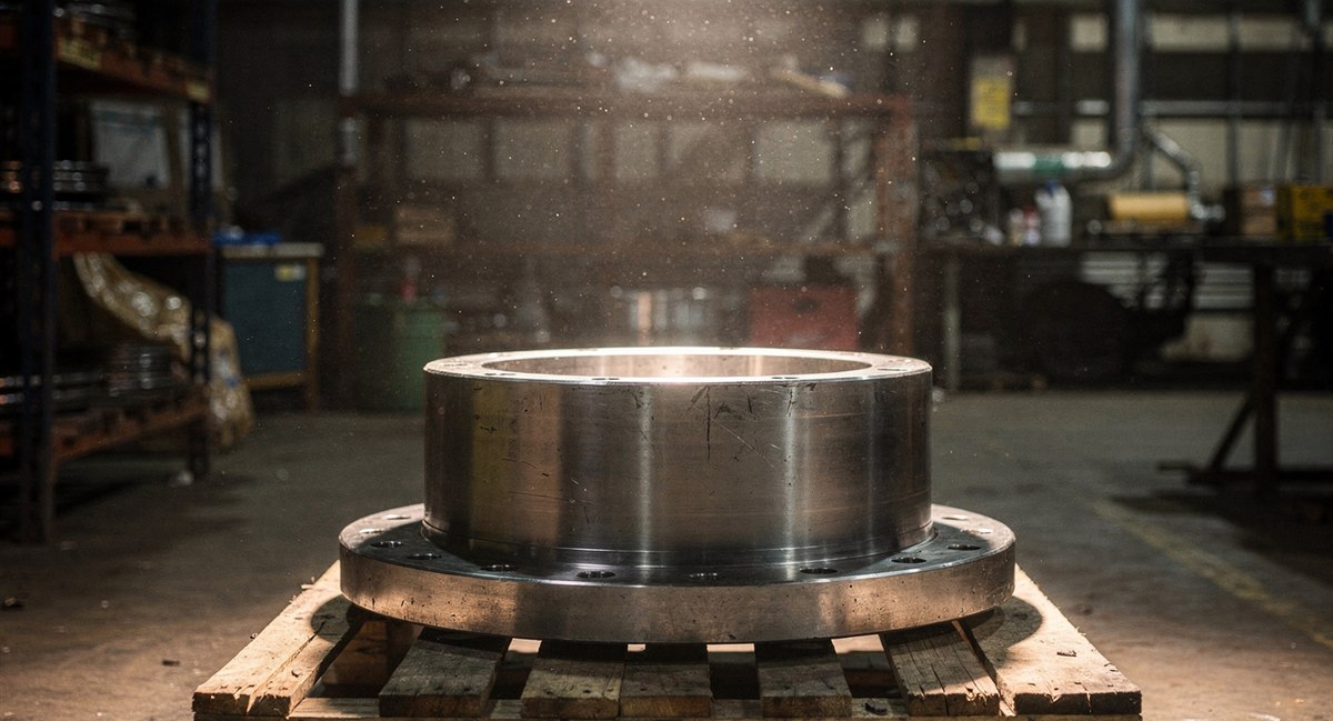 Large machined stainless steel valve flange component on a pallet in an industrial workshop