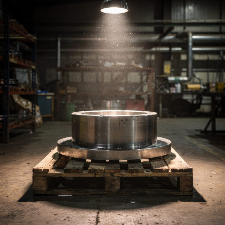Large machined stainless steel valve flange component on a pallet in an industrial workshop