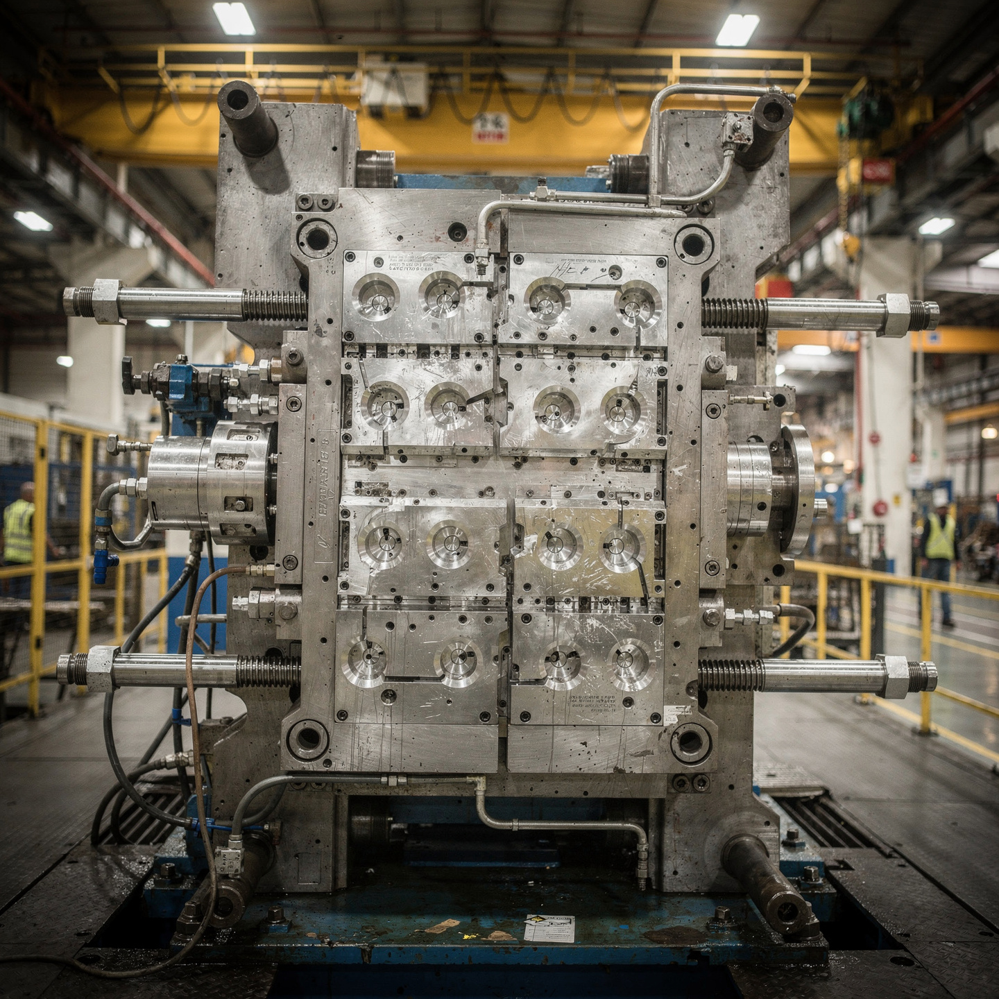 Large hardened steel multi-cavity production injection mold mounted in a molding press