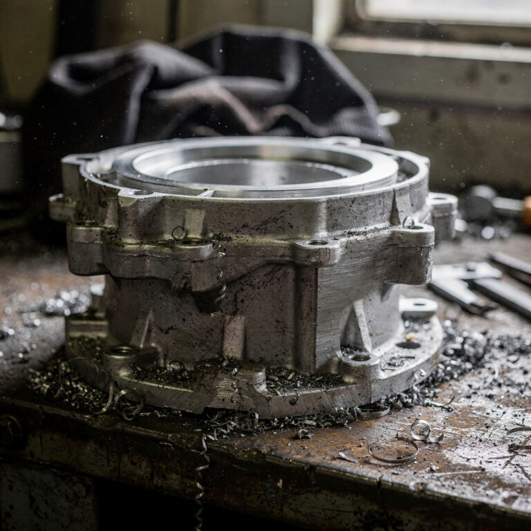 Machined aluminum industrial gearbox housing with visible tool marks on a factory workbench