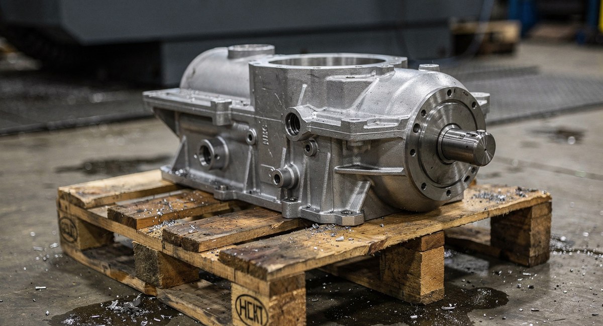 CNC-machined steel gearbox housing on a wooden pallet in an industrial machine shop