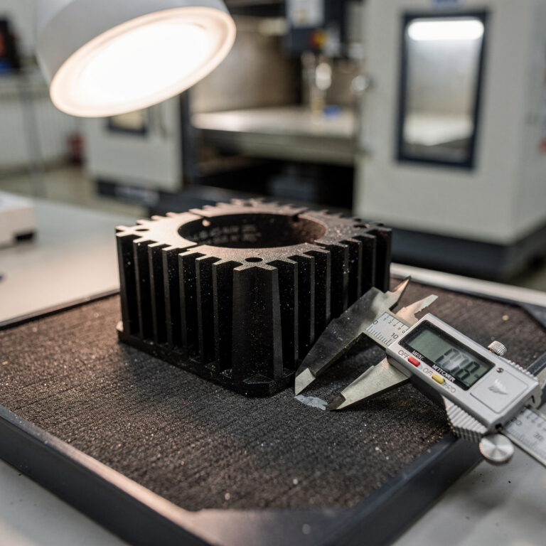 Matte black anodized aluminum LED heat-sink housing on an inspection tray with a digital caliper