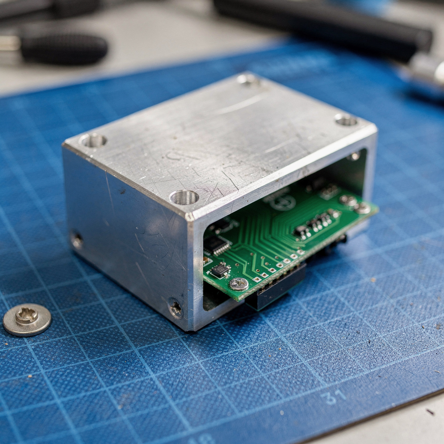 Small machined aluminum electronics enclosure for a robot controller with circuit board visible