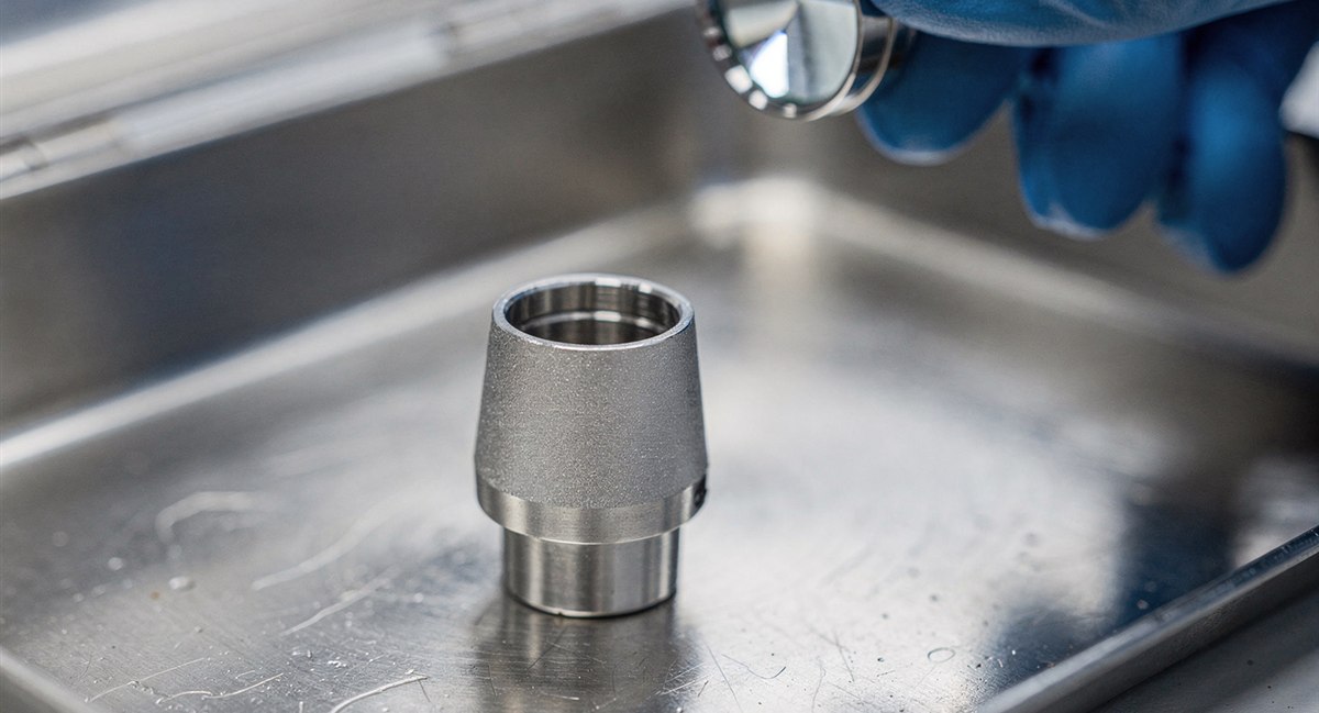 Precision-machined stainless steel medical instrument component in an inspection tray, examined with a loupe