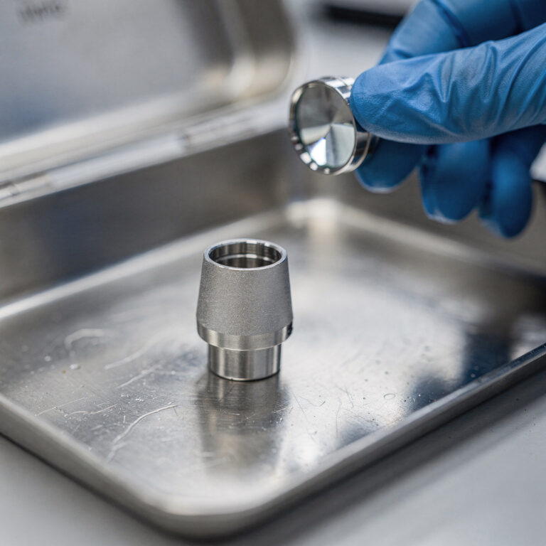 Precision-machined stainless steel medical instrument component in an inspection tray, examined with a loupe