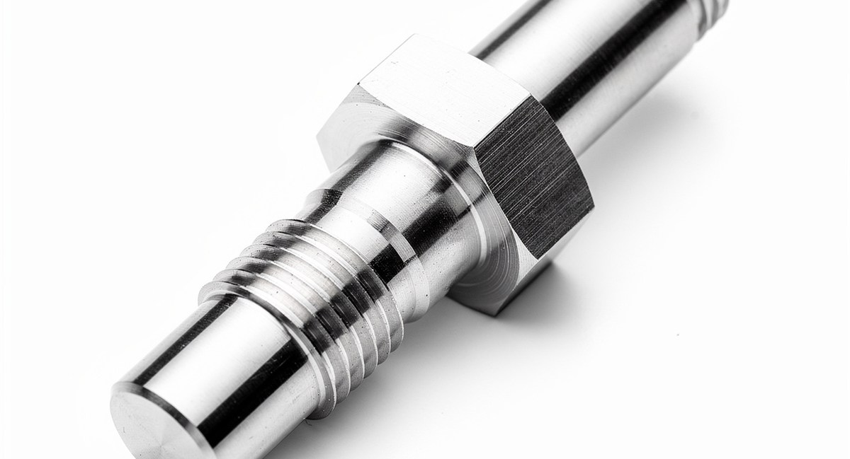 CNC-turned aluminum fitting with a bright as-machined finish and sharp unbroken edges