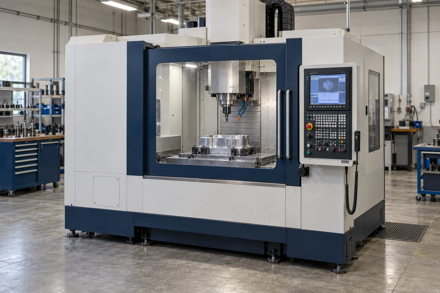 AI-generated illustration of an enclosed vertical CNC machining center