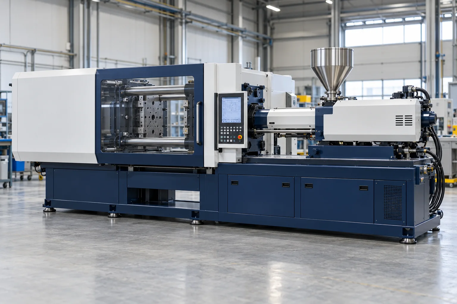 AI-generated illustration of a horizontal injection molding machine with hopper and safety enclosure