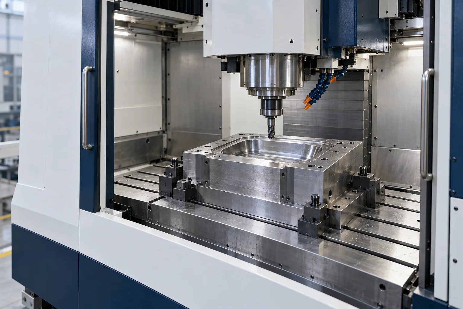 AI-generated illustration of a CNC spindle and clamped mold insert